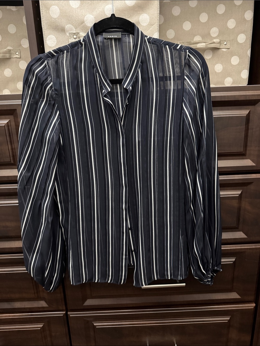 Akris Navy & White Vertical Stripe Sheer Button-Up Silk Blouse